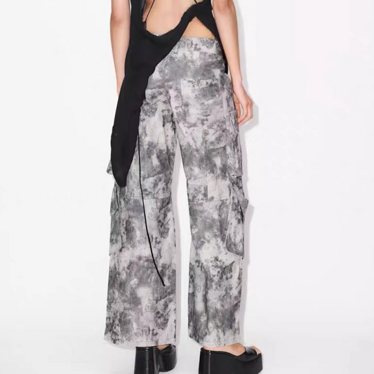 French Loose Pocket Printed Mid-rise Cargo Pants