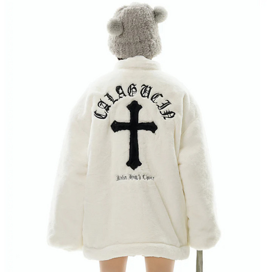 Hip Hop Cross Embroidery Fleece Coat