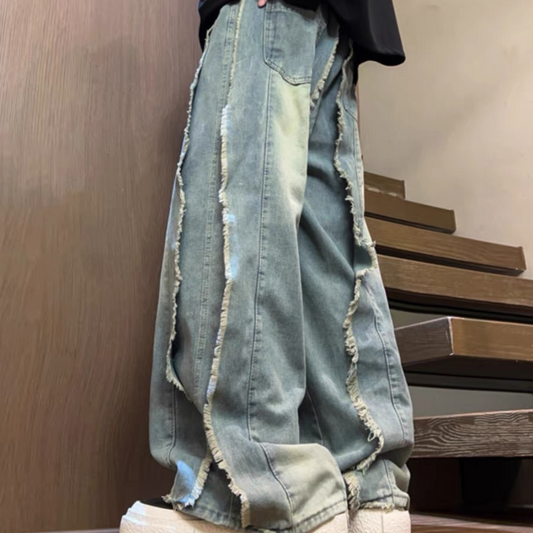 Washed Distressed Raw Edge Baggy Jeans