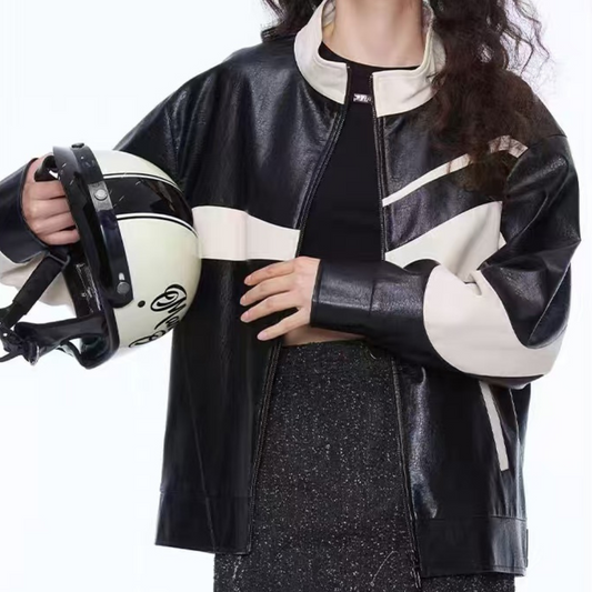 colorblocked leather jacket