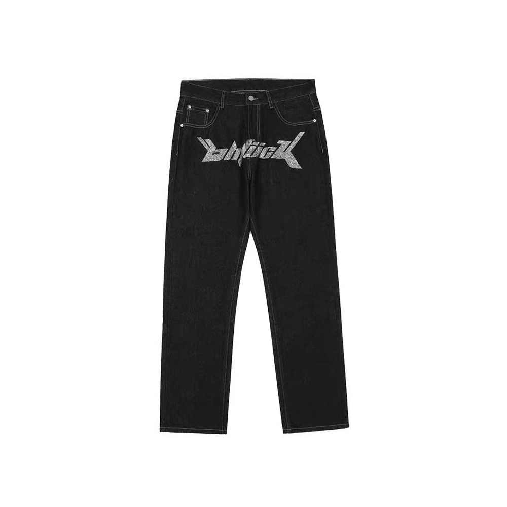 Letter Print Dollar Black Baggy Jeans