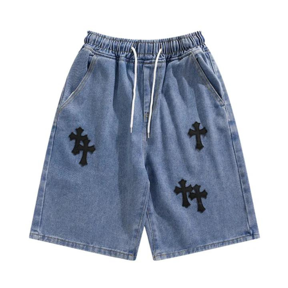 "Urban Cross Embroidery Denim" Shorts