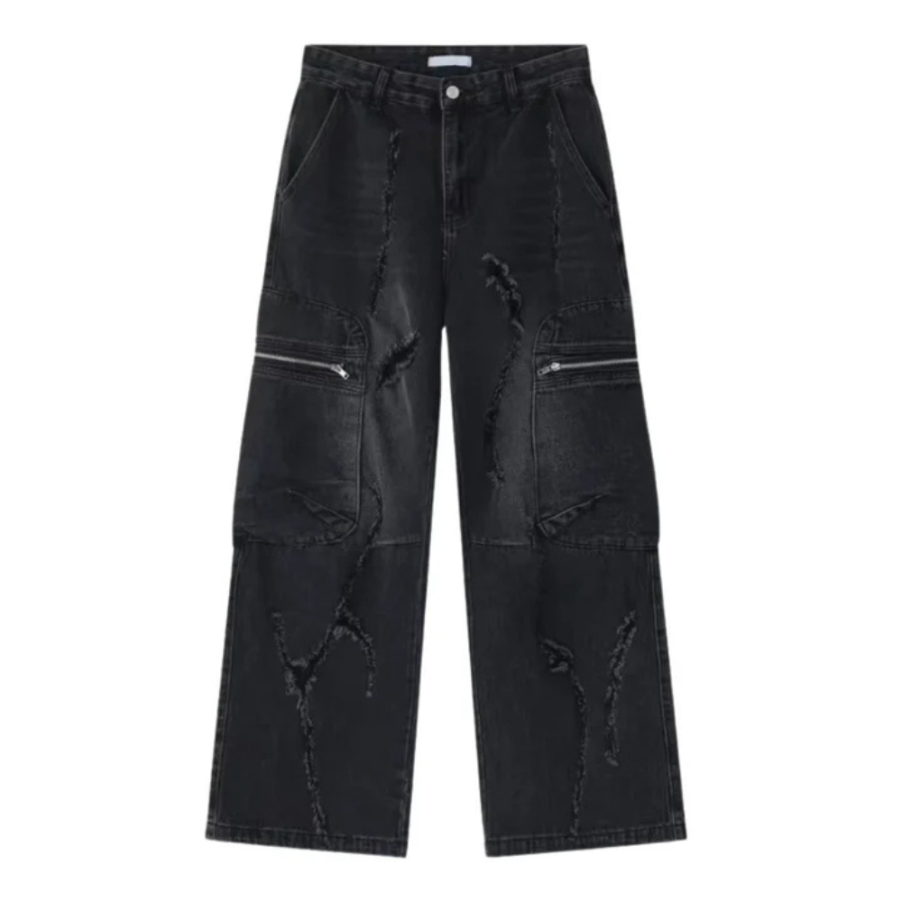 "Irregular Hole Solid Color Cargo" Jeans