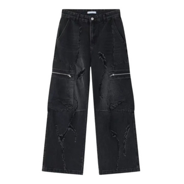 "Irregular Hole Solid Color Cargo" Jeans