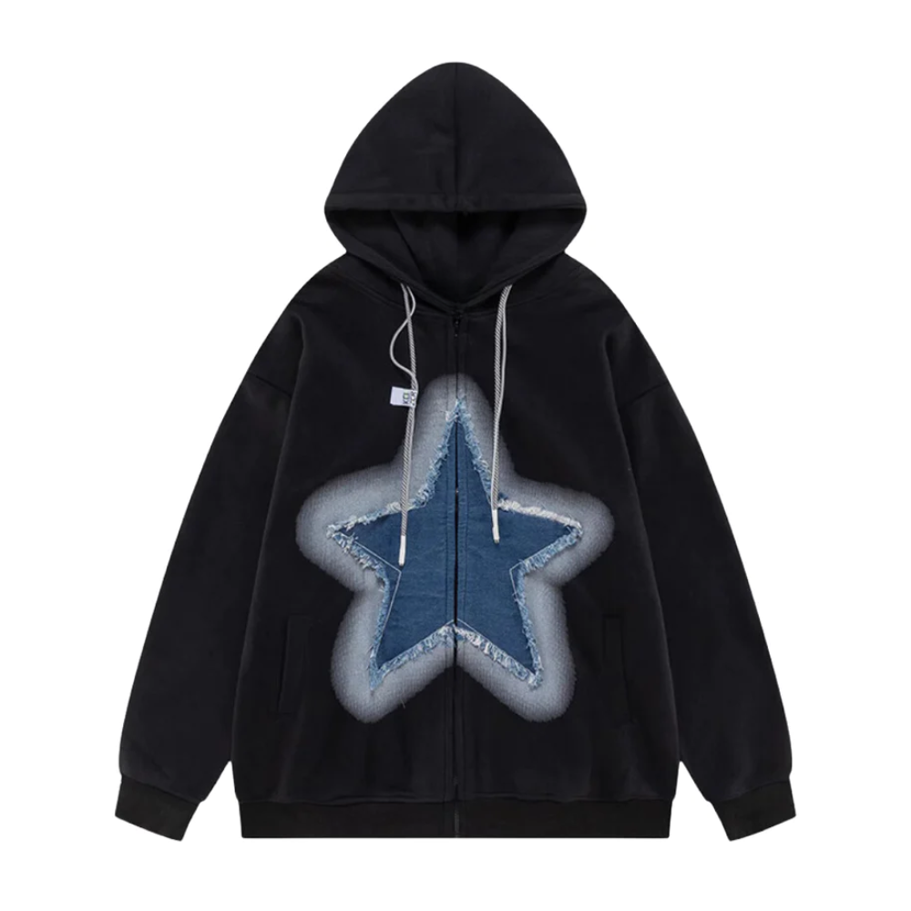 "Retro Star Patchwork Denim" Hoodie