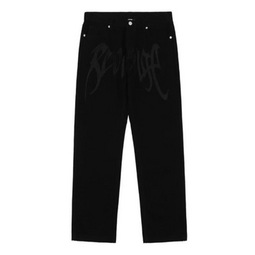 "Black Plain Letter Embroidery Straight" Jeans