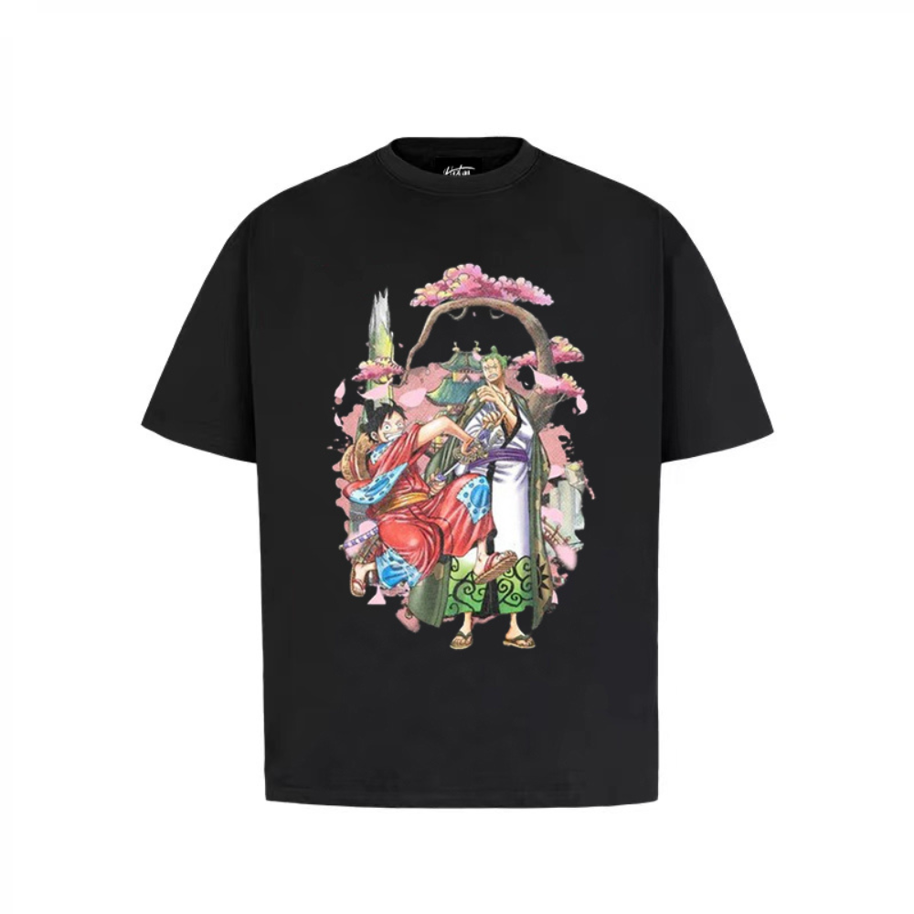 “Cartoon anime Luffy Zoro cherry blossom print” T-shirt