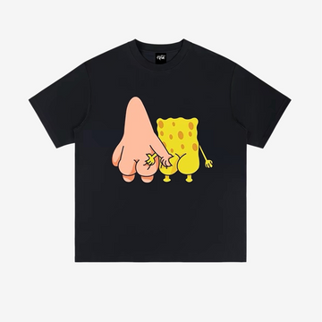 “Urban cartoon sponge and starfish pinching butt print” T-shirt