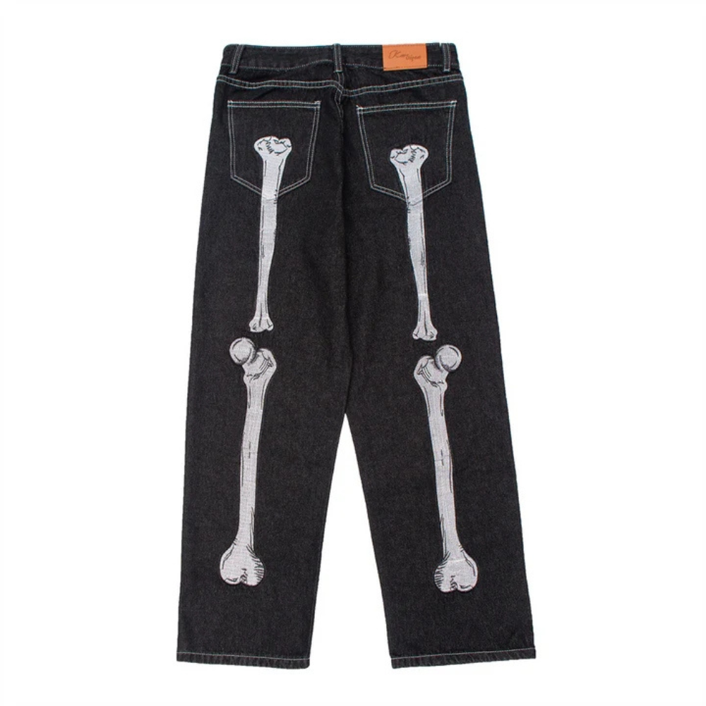 "Dark Skeleton Embroidery Baggy" Jeans