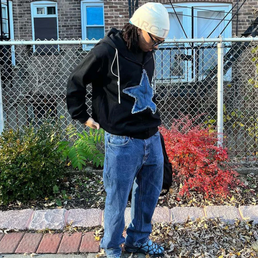 "Retro Star Patchwork Denim" Hoodie