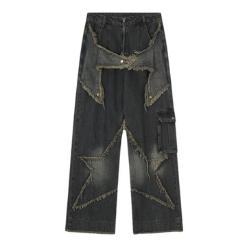 "High Street Pentagram Patched Raw Edge" Jeans