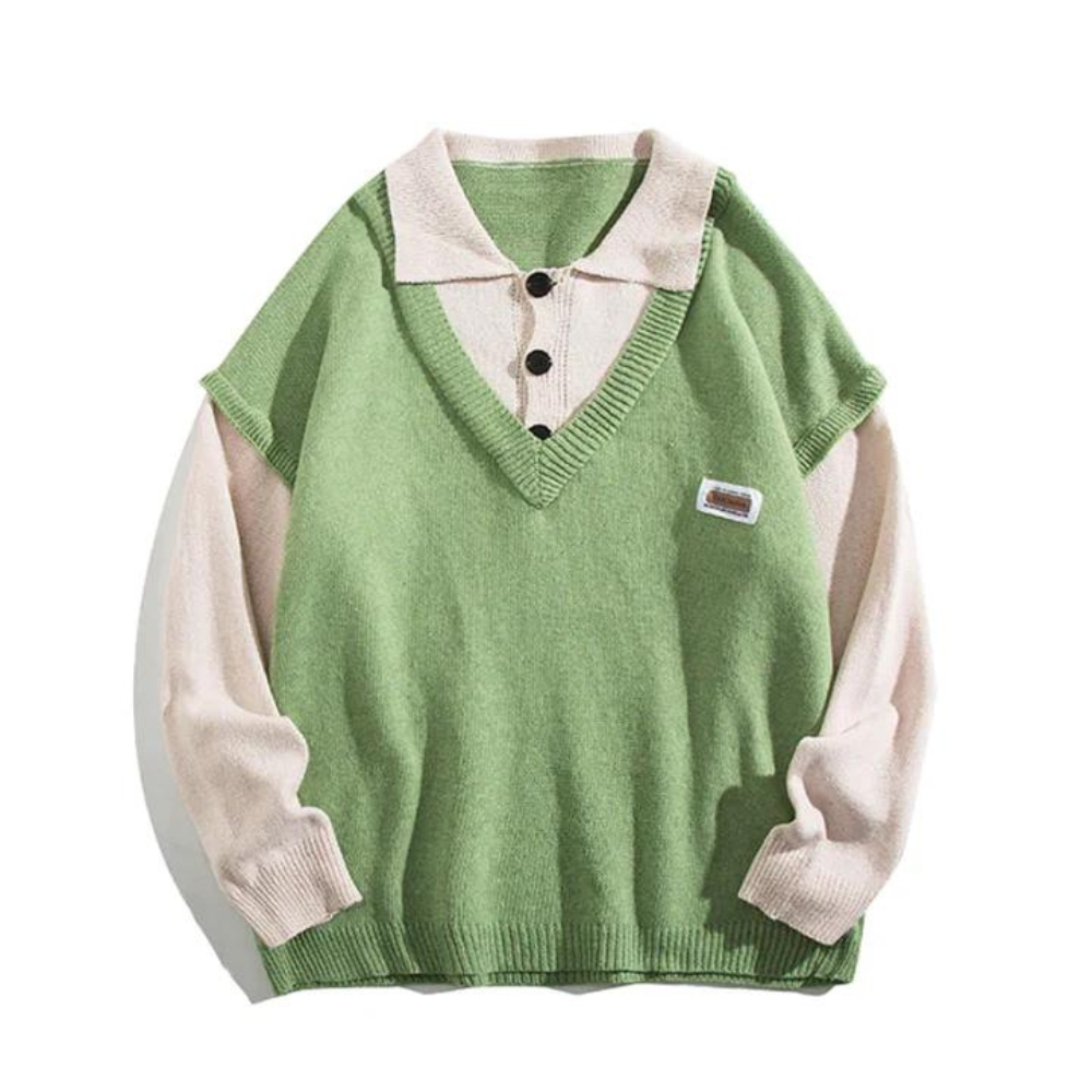 Literary Fake Two-piece Polo Collar Sweater