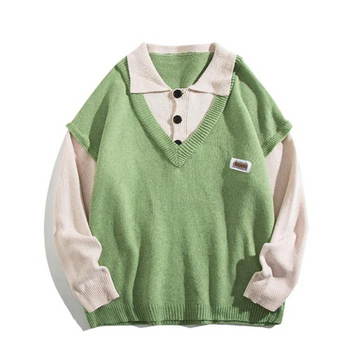 Literary Fake Two-piece Polo Collar Sweater