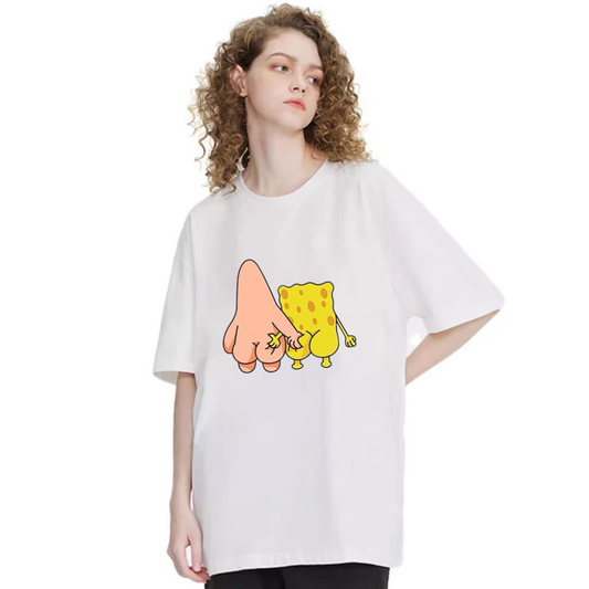 “Urban cartoon sponge and starfish pinching butt print” T-shirt