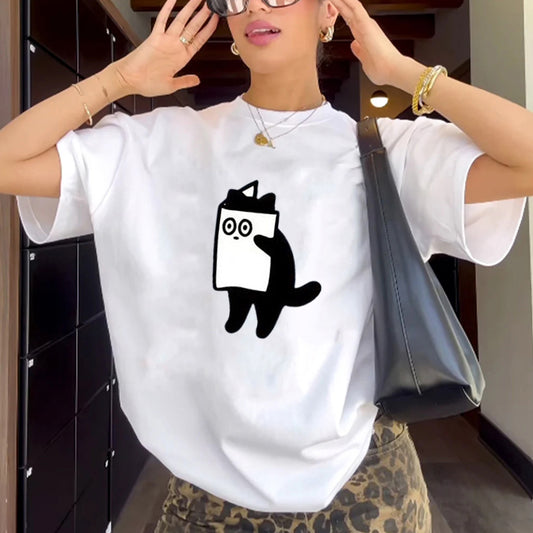 "Style trendy niche cartoon reading kitten print" T-shirt