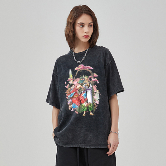 “Cartoon anime Luffy Zoro cherry blossom print” T-shirt