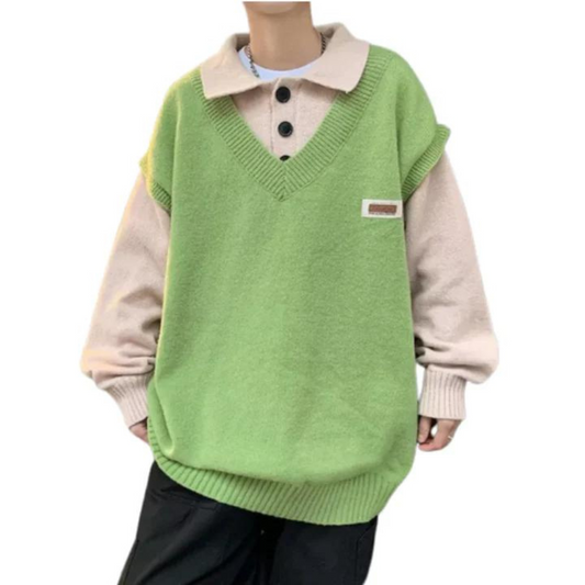 Literary Fake Two-piece Polo Collar Sweater