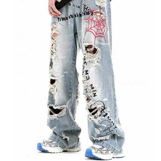 Ripped Hand-Painted Spider Jeans